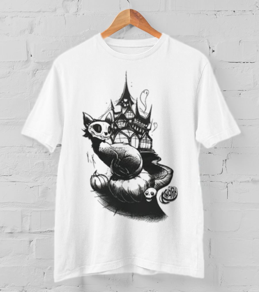 Kingpin Skelecat Haunt By Kellan Horner Ghostly Cat With Crown And Smoke T-Shirt