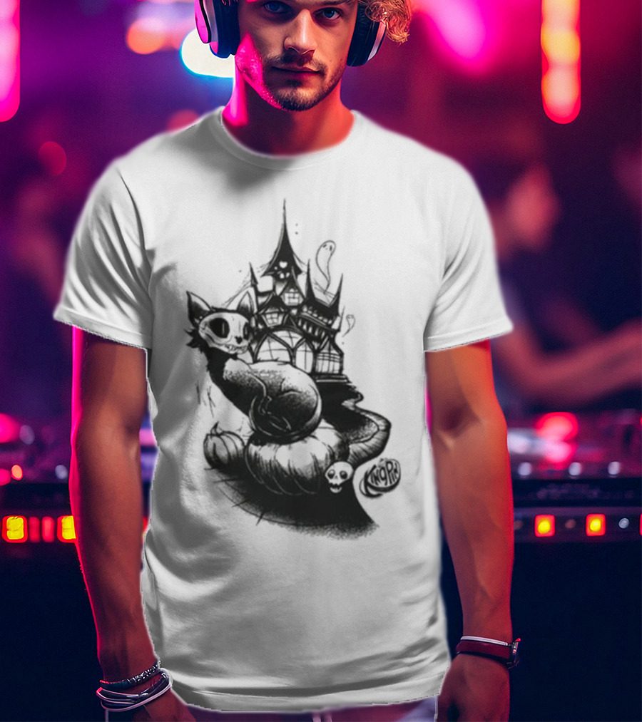 Kingpin Skelecat Haunt By Kellan Horner Ghostly Cat With Crown And Smoke T-Shirt