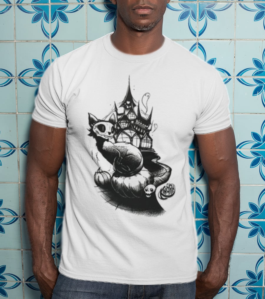Kingpin Skelecat Haunt By Kellan Horner Ghostly Cat With Crown And Smoke T-Shirt