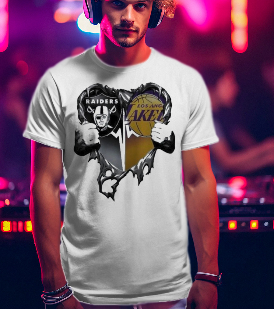 Las Vegas Raiders Los Angeles Lakers Heart Design T-Shirt