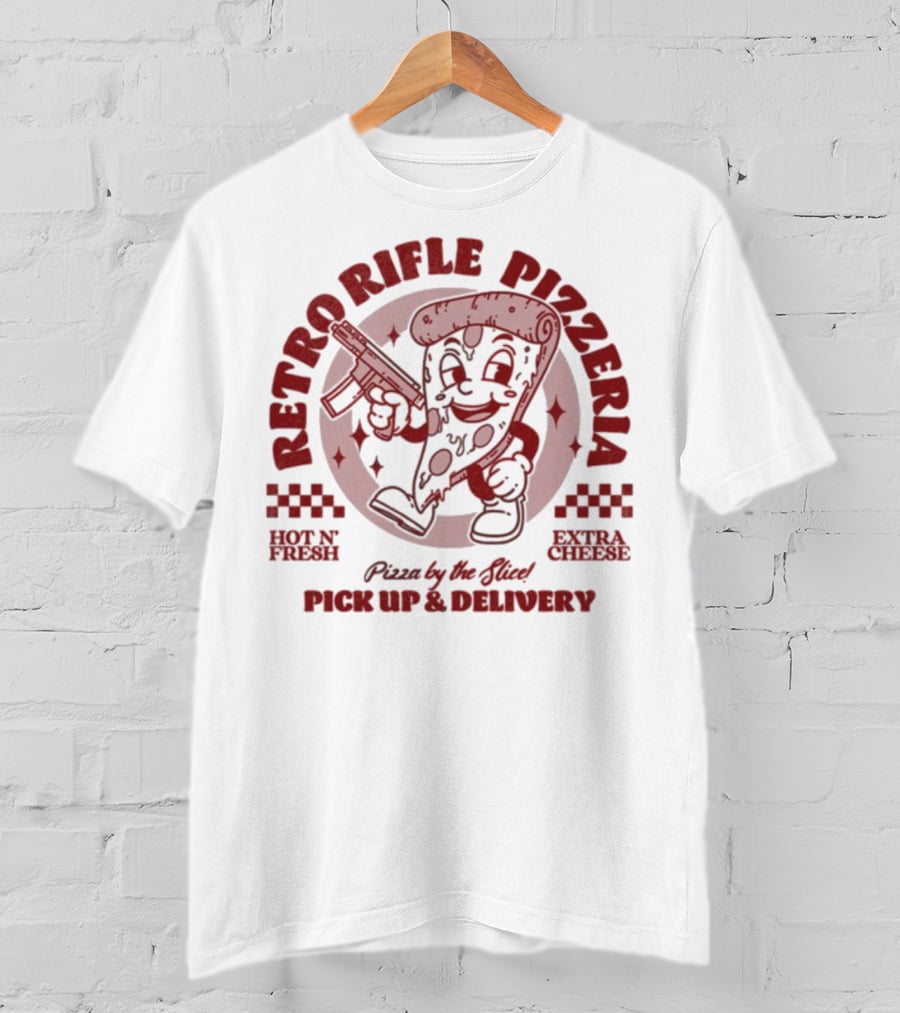 Retro Rifle Pizzeria Pick Up And Delivery Hot N Fresh Extra Cheese Pizza By The Slice T-Shirt