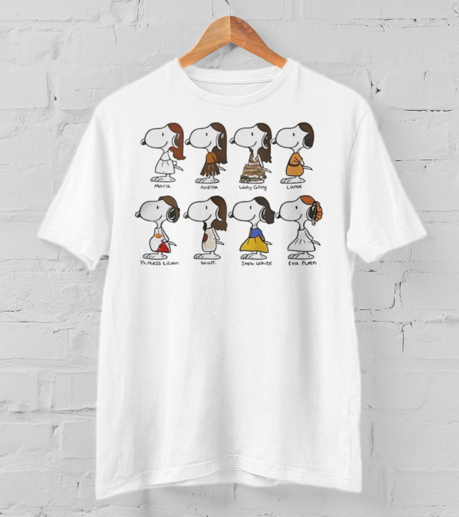 Snoopy Belle Mulan Cinderella Jasmine Ariel Pocahontas Snow White Tiana Princess Parody T-Shirt
