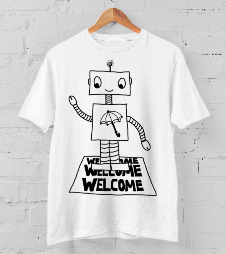Robot Welcome Friendly Waving With Umbrella T-Shirt