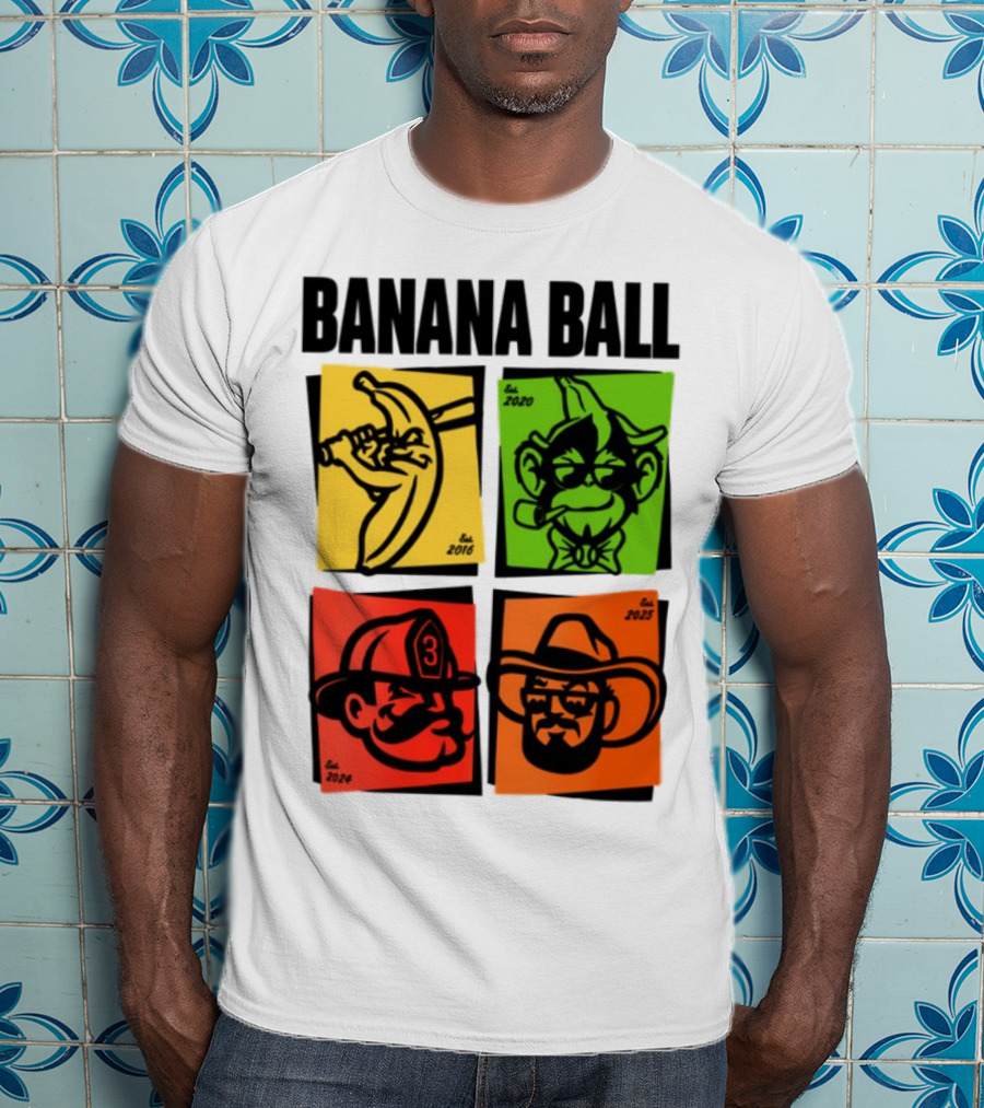 Banana Ball 2025 Cowboy Firefighter Joker Swordsman Icons Est 2016 2020 2024 2025 T-Shirt