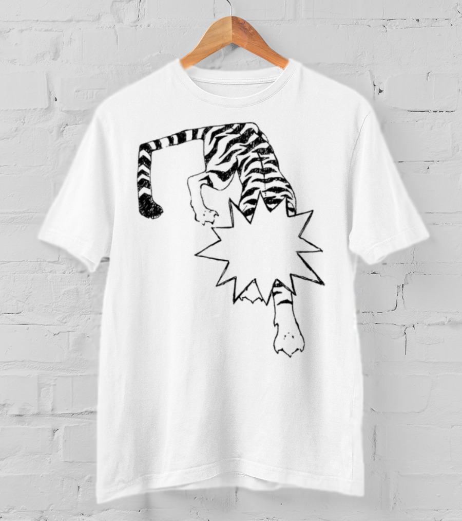 Cody Guaranteedaudio Tiger Illustration Black And White Dynamic Pouncing Feline With Bold Outline T-Shirt
