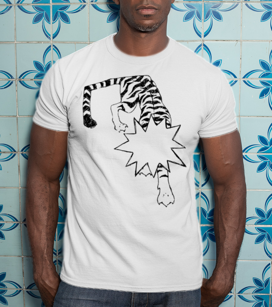 Cody Guaranteedaudio Tiger Illustration Black And White Dynamic Pouncing Feline With Bold Outline T-Shirt