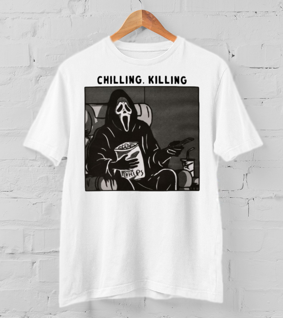 Ghost Face Chips Chilling Killing Movie Night Vibes T-Shirt