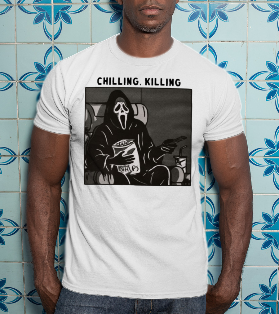 Ghost Face Chips Chilling Killing Movie Night Vibes T-Shirt