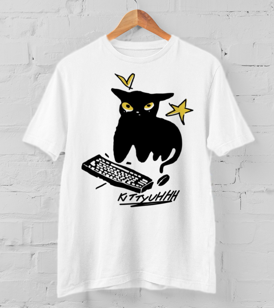 Kittyuhhh Cat At Keyboard With Yellow Eyes And Stars T-Shirt