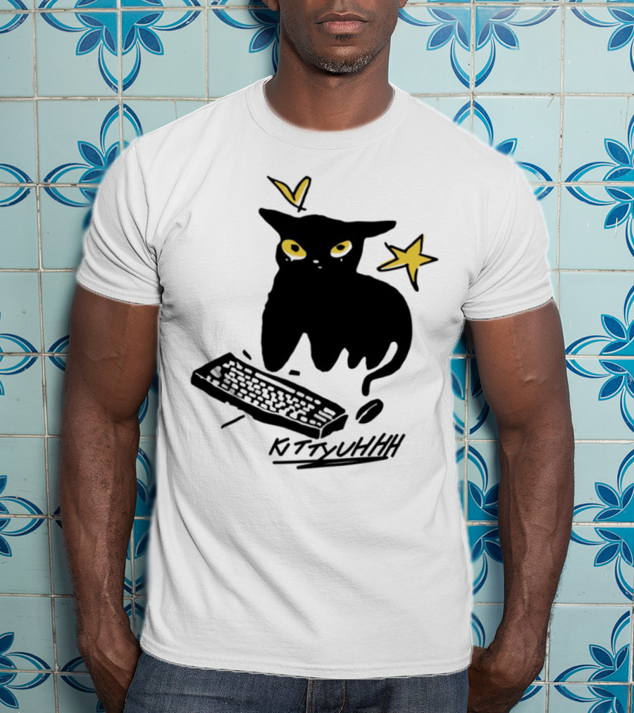 Kittyuhhh Cat At Keyboard With Yellow Eyes And Stars T-Shirt