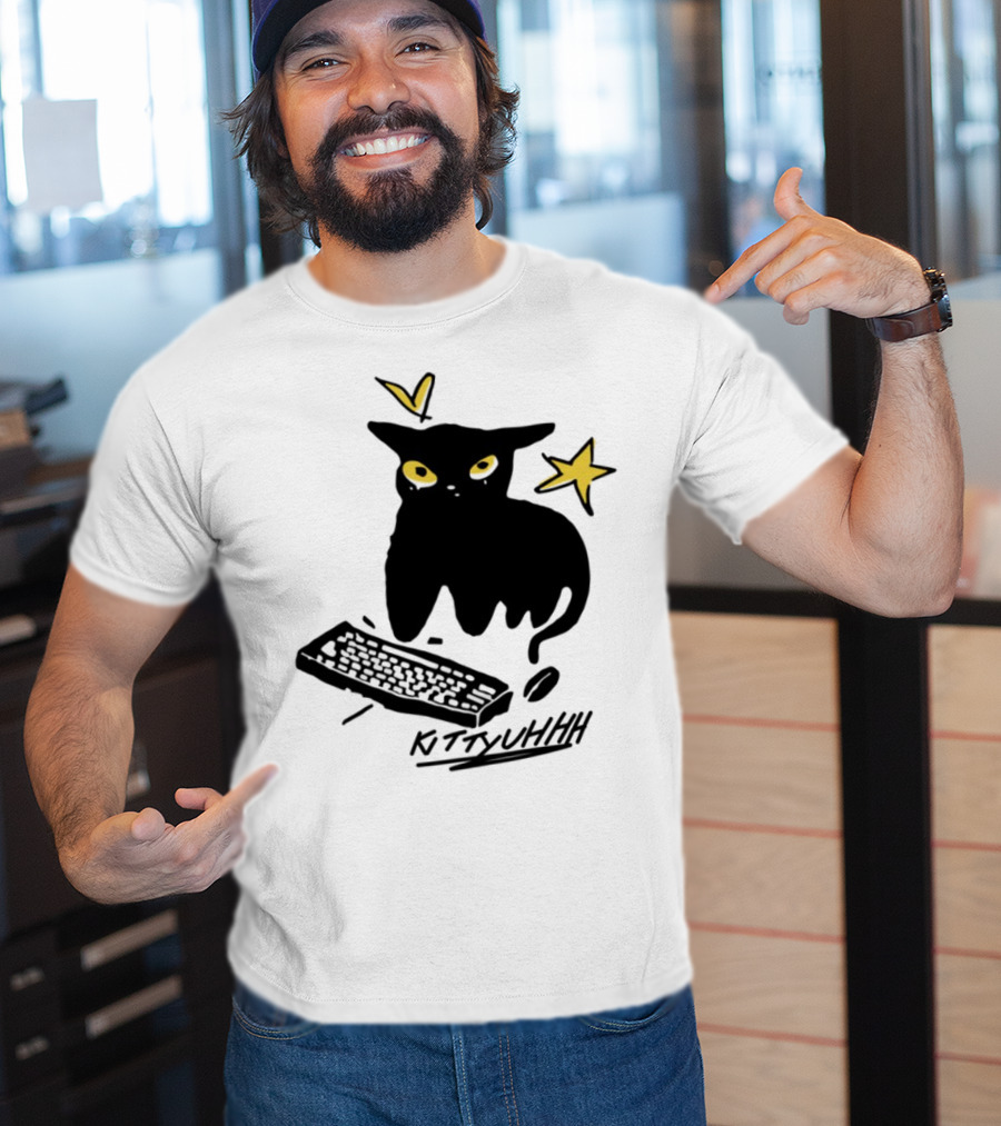 Kittyuhhh Cat At Keyboard With Yellow Eyes And Stars T-Shirt