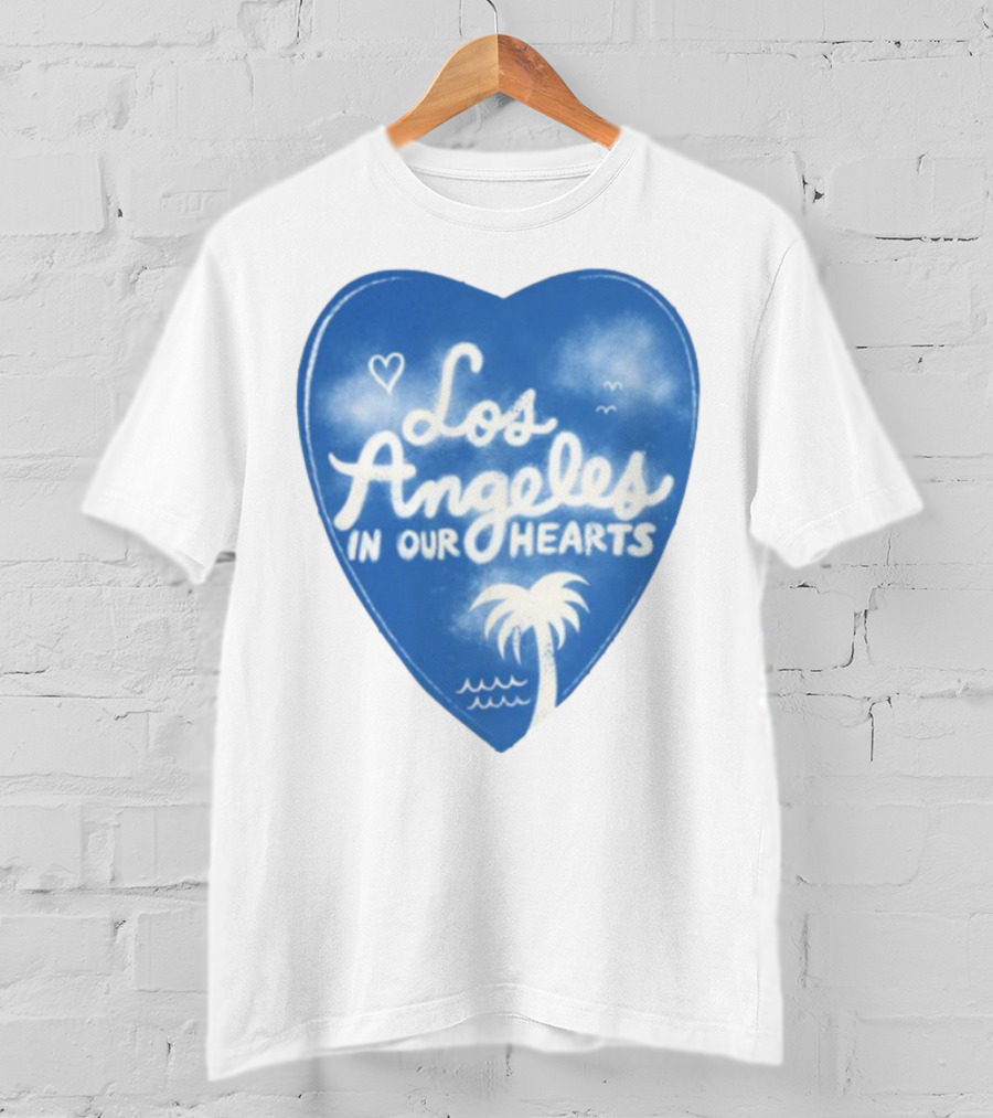 Los Angeles In Our Hearts Blue Heart With Palm Tree And Waves T-Shirt