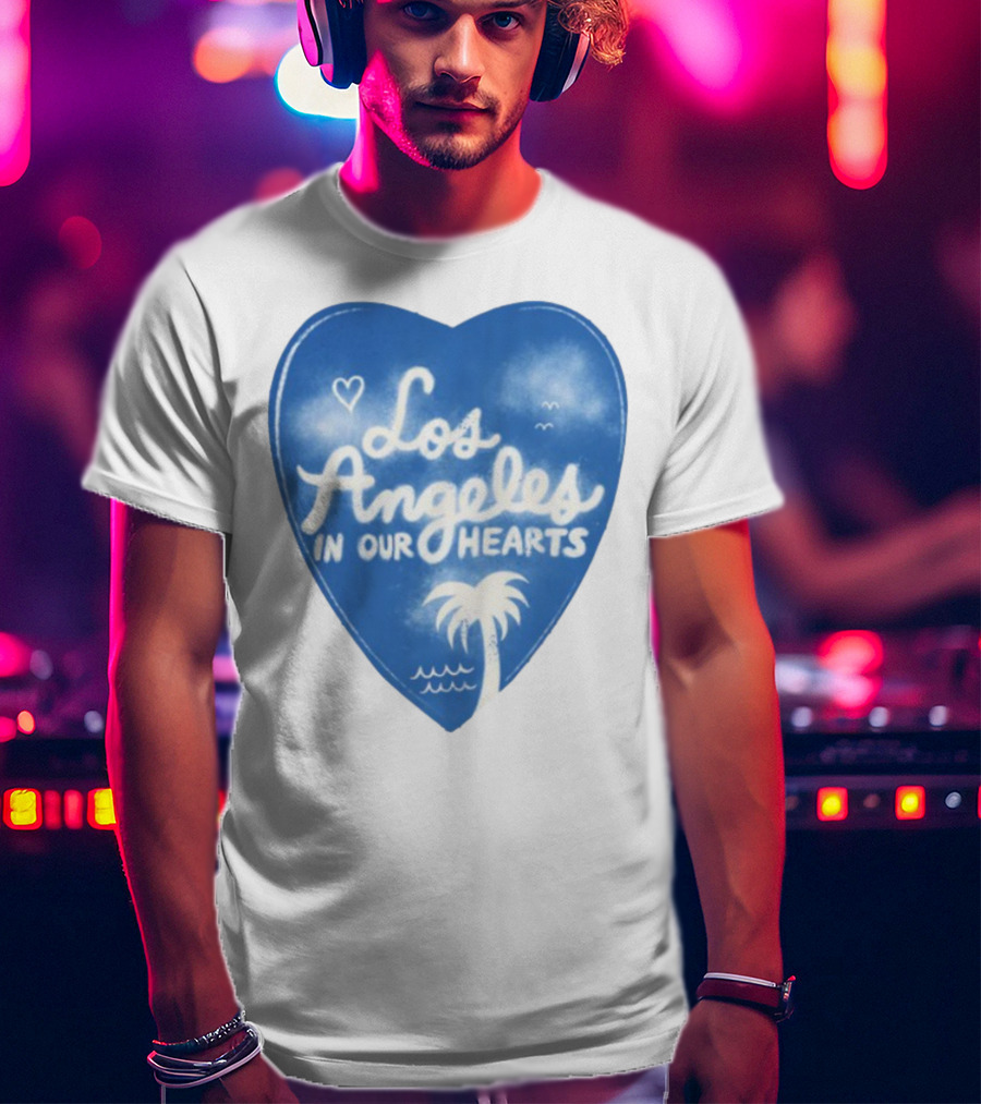 Los Angeles In Our Hearts Blue Heart With Palm Tree And Waves T-Shirt