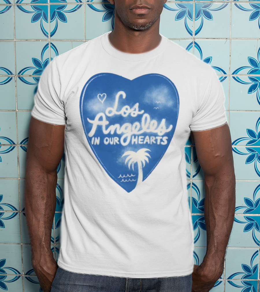 Los Angeles In Our Hearts Blue Heart With Palm Tree And Waves T-Shirt