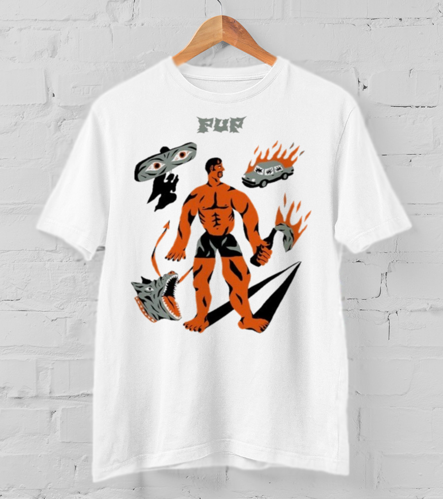 Pup Muscle Man Flaming Car And Wolf T-Shirt
