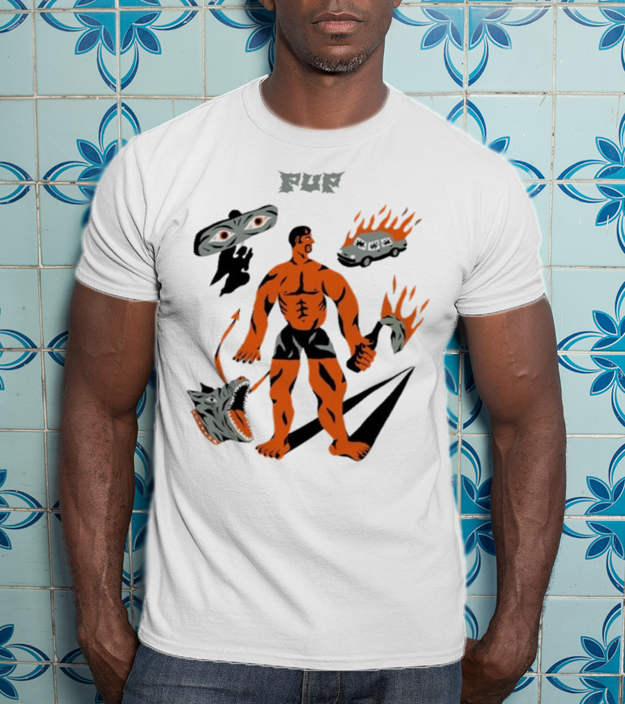 Pup Muscle Man Flaming Car And Wolf T-Shirt