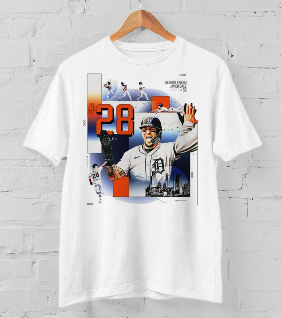 Javier Báez Detroit Tigers Number 28 Baseball Action High Five Urban Skyline T-Shirt