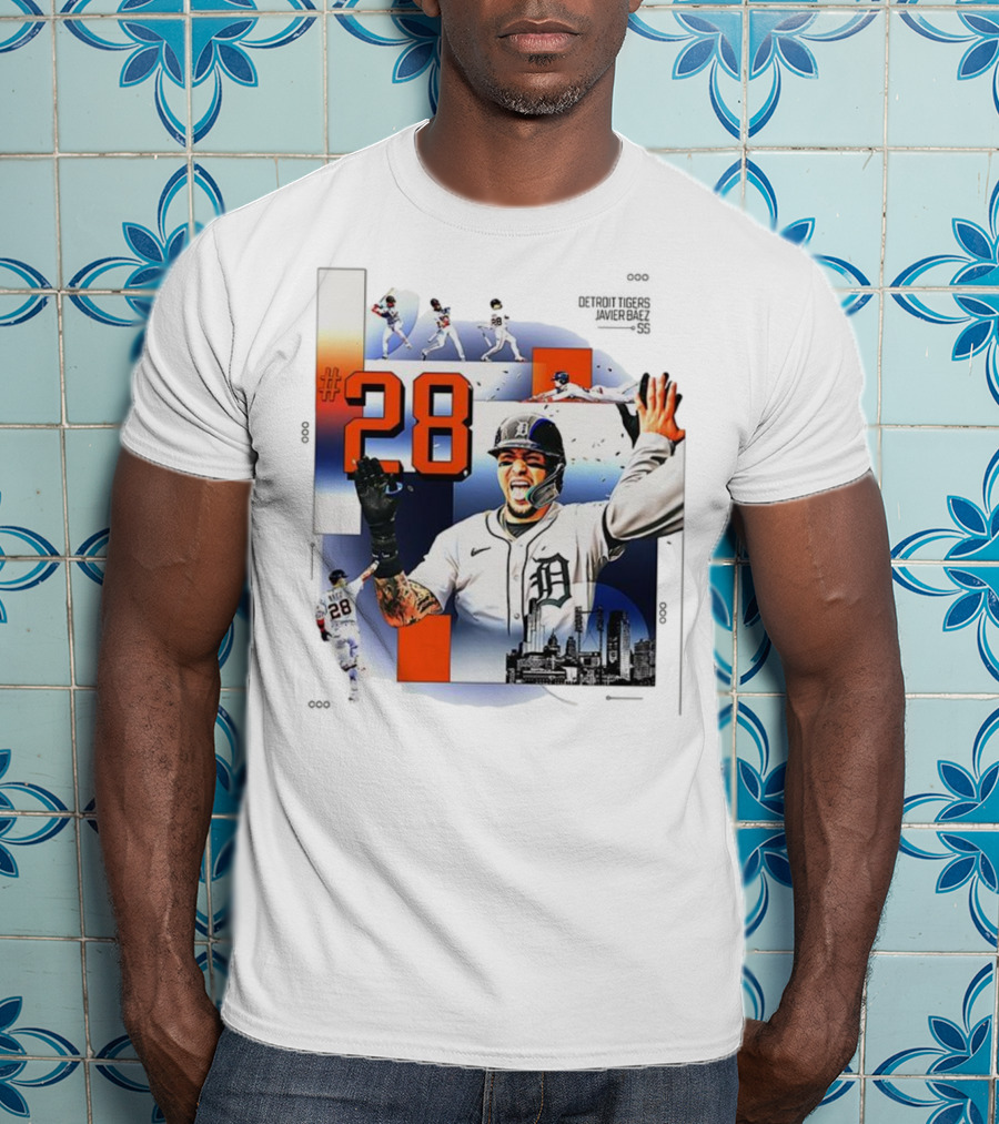 Javier Báez Detroit Tigers Number 28 Baseball Action High Five Urban Skyline T-Shirt