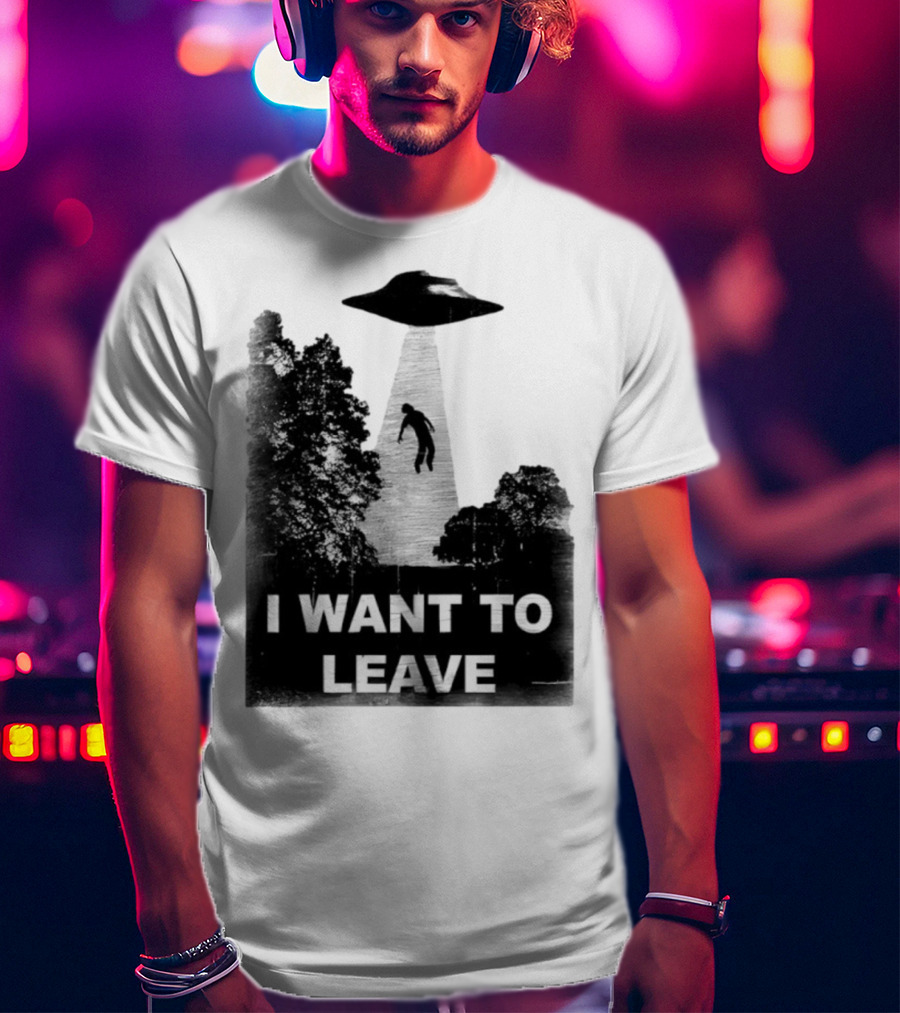 I Want To Leave UFO Abduction Scene Black And White Design T-Shirt