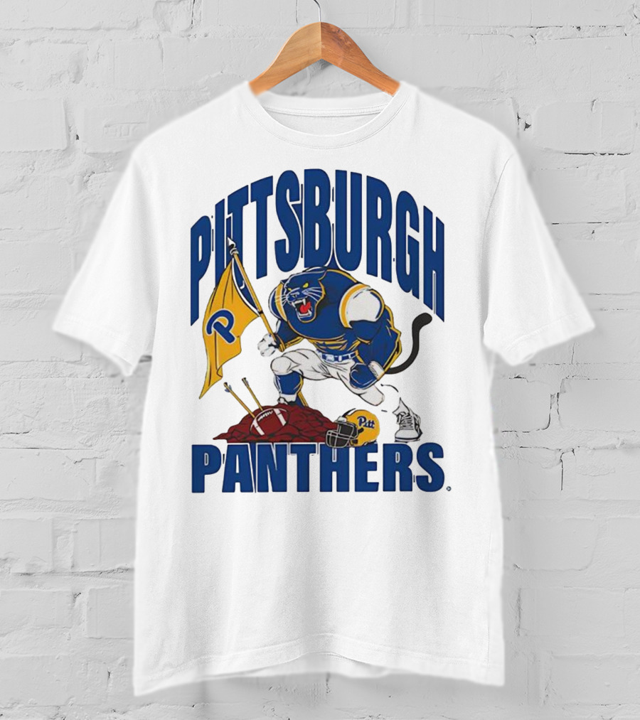 Pittsburgh Panthers Pitt Mascot Planting Flag Football Helmet T-Shirt