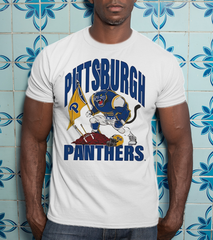 Pittsburgh Panthers Pitt Mascot Planting Flag Football Helmet T-Shirt