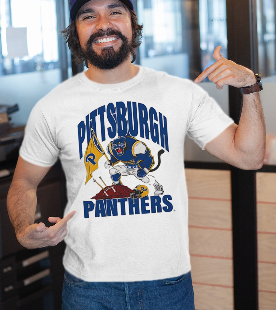 Pittsburgh Panthers Pitt Mascot Planting Flag Football Helmet T-Shirt