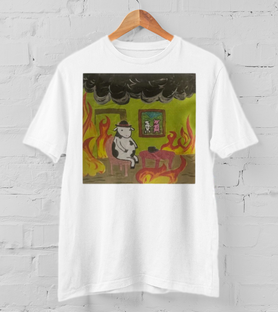 This Is Fine Cow Meme Fire Scene Surreal Humor T-Shirt
