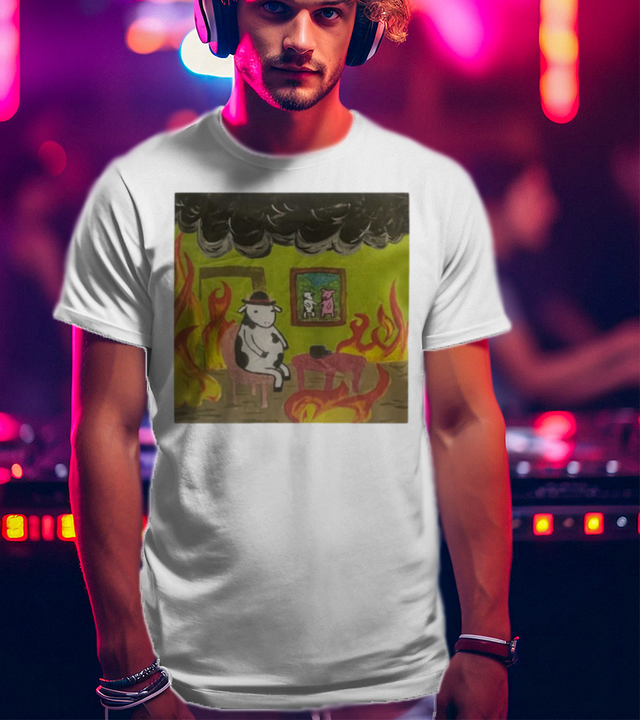 This Is Fine Cow Meme Fire Scene Surreal Humor T-Shirt