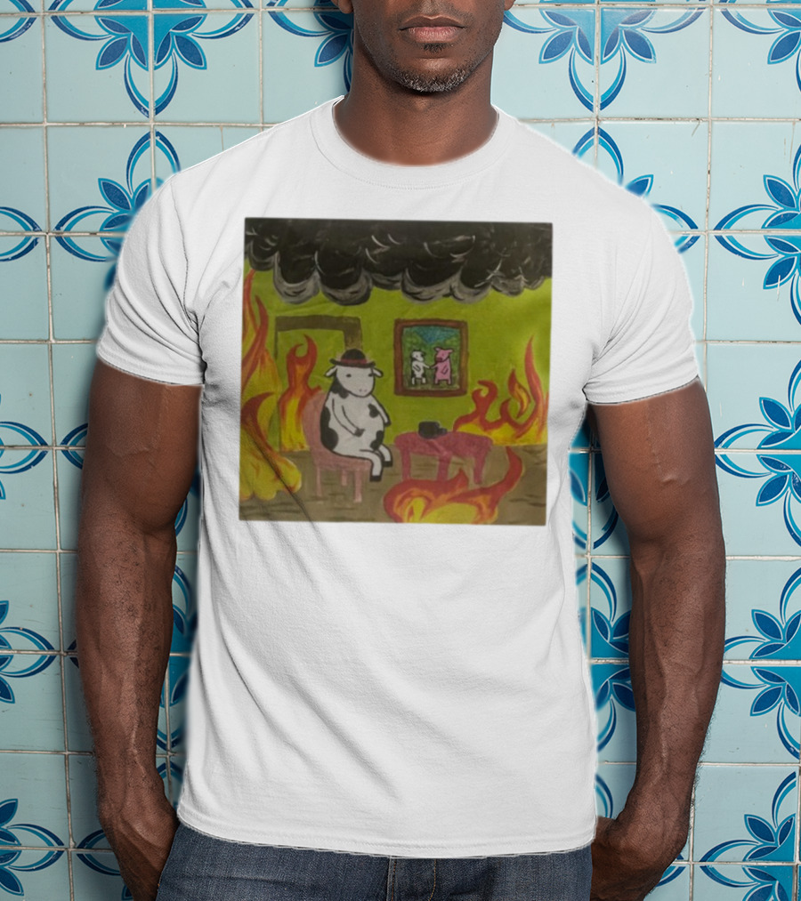 This Is Fine Cow Meme Fire Scene Surreal Humor T-Shirt