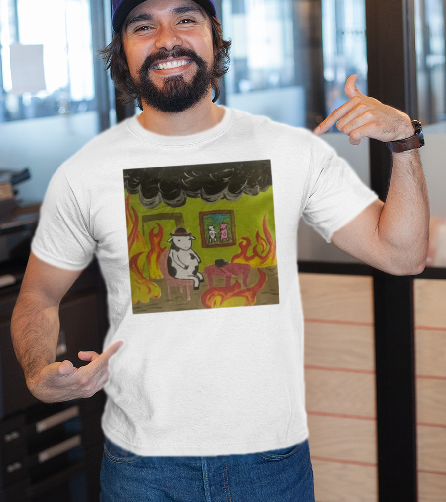 This Is Fine Cow Meme Fire Scene Surreal Humor T-Shirt