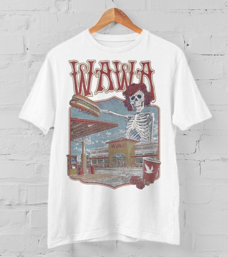 Wawa Grateful Dead Skeleton Holding Hoagie At Gas Station Scene T-Shirt