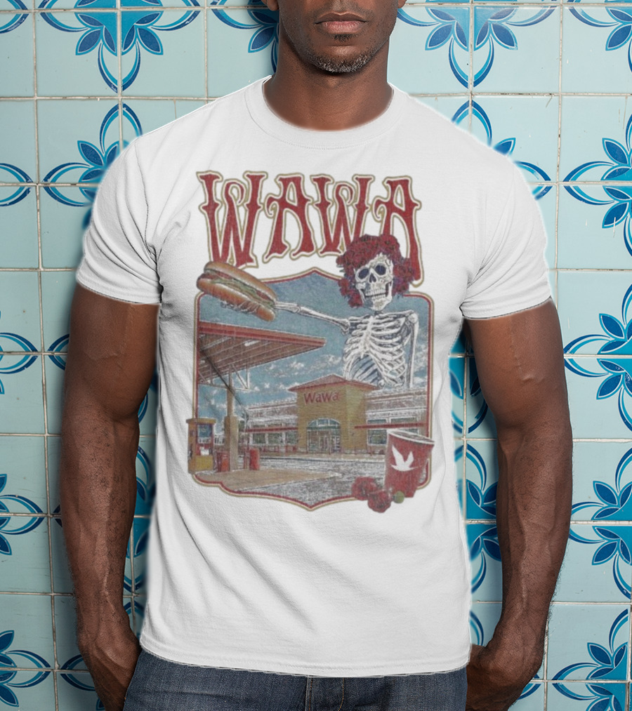 Wawa Grateful Dead Skeleton Holding Hoagie At Gas Station Scene T-Shirt