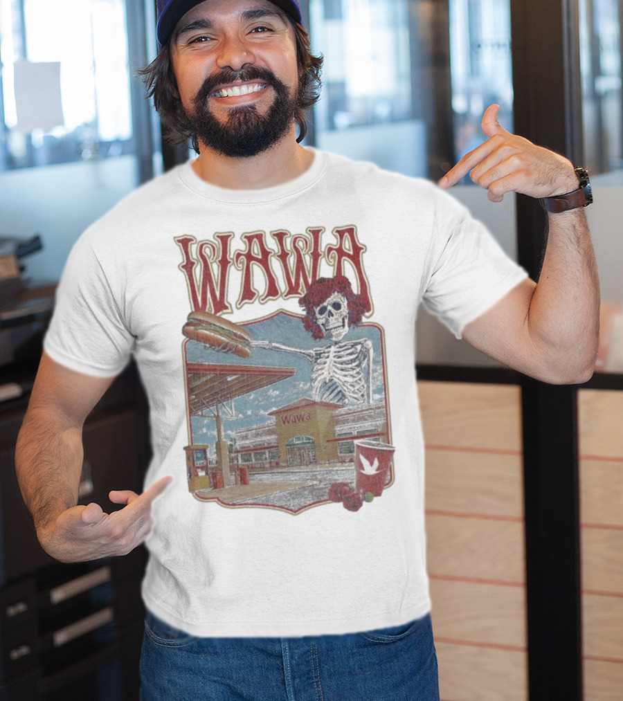 Wawa Grateful Dead Skeleton Holding Hoagie At Gas Station Scene T-Shirt