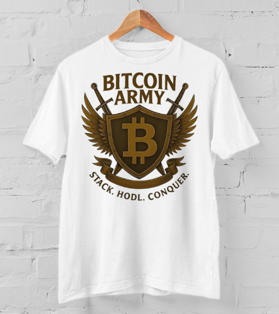 Bitcoin Army Shield Stack Hodl Conquer Crypto Warriors T-Shirt