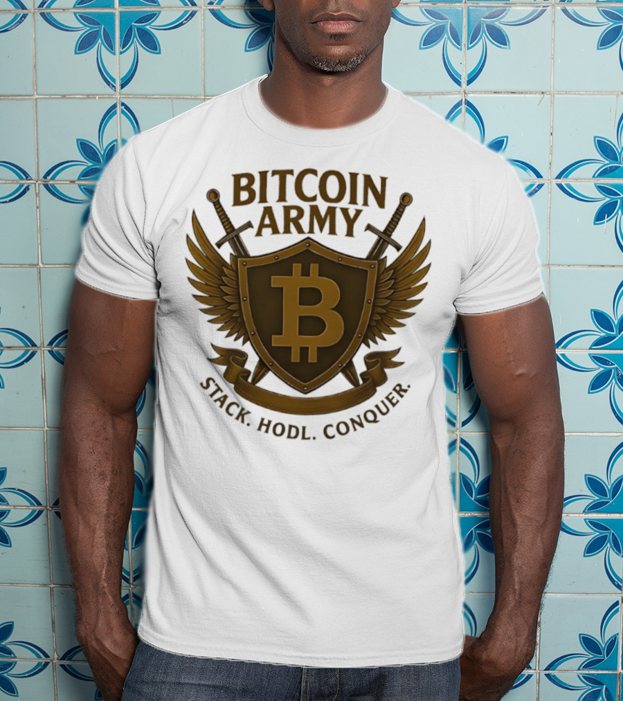 Bitcoin Army Shield Stack Hodl Conquer Crypto Warriors T-Shirt