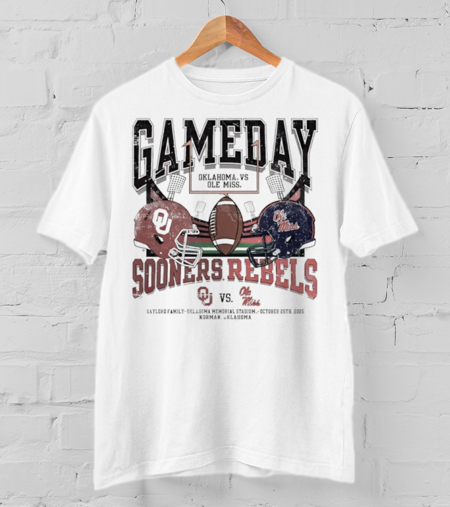 Gameday Oklahoma Sooners Vs Ole Miss Rebels Gaylord Family Oklahoma Memorial Stadium Football Helmets T-Shirt