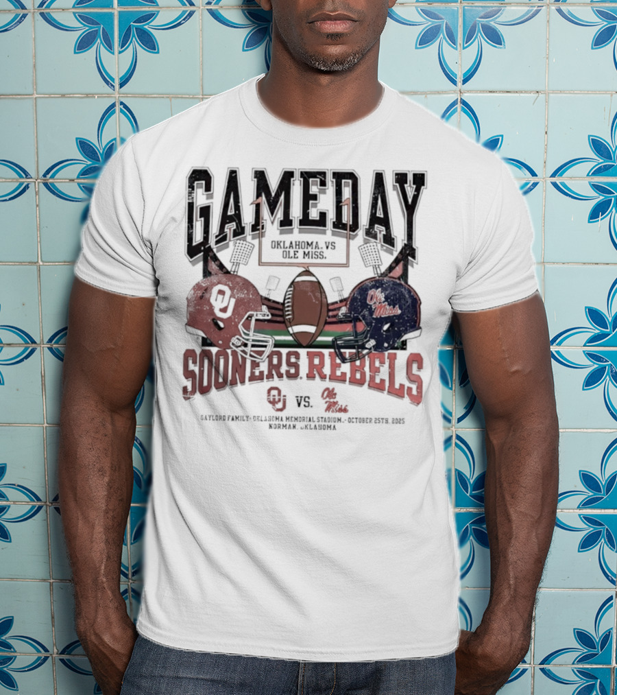 Gameday Oklahoma Sooners Vs Ole Miss Rebels Gaylord Family Oklahoma Memorial Stadium Football Helmets T-Shirt