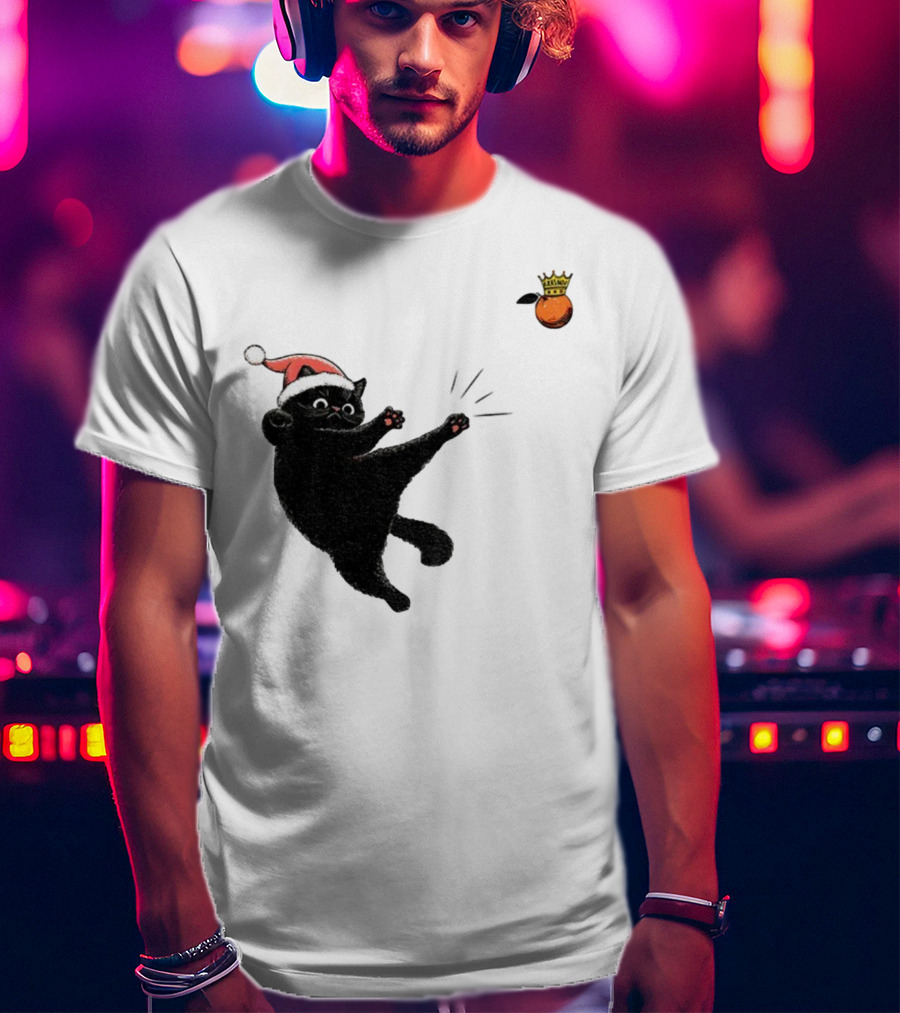 Black Cat Santa Hat Kicking Crowned Orange No Kings Christmas Anti-Trump T-Shirt