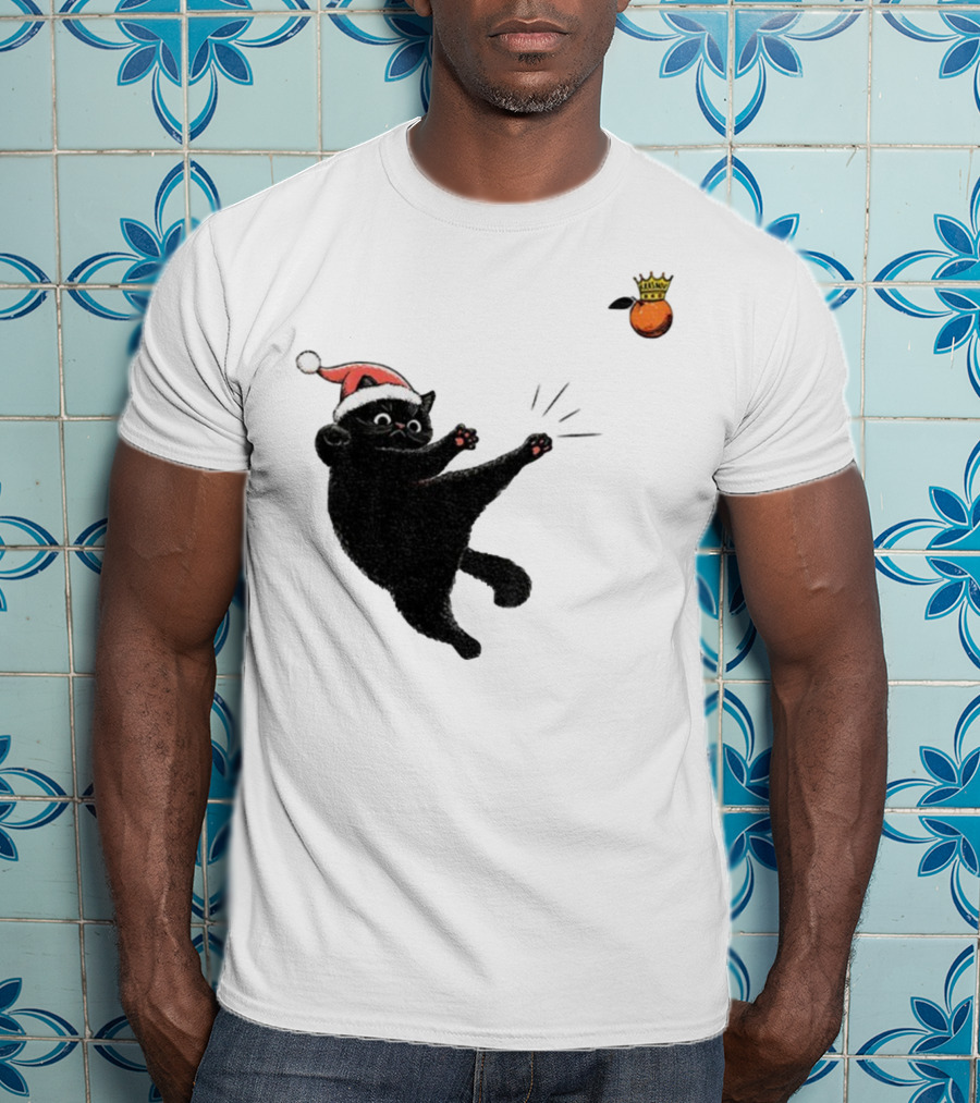 Black Cat Santa Hat Kicking Crowned Orange No Kings Christmas Anti-Trump T-Shirt