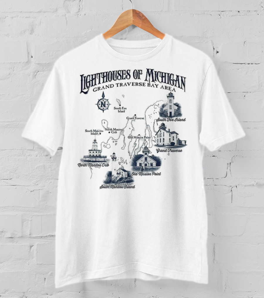Lighthouses Of Michigan Grand Traverse Bay Area White Shoal South Fox Island Old Mission Grand Traverse South Manitou Northport T-Shirt