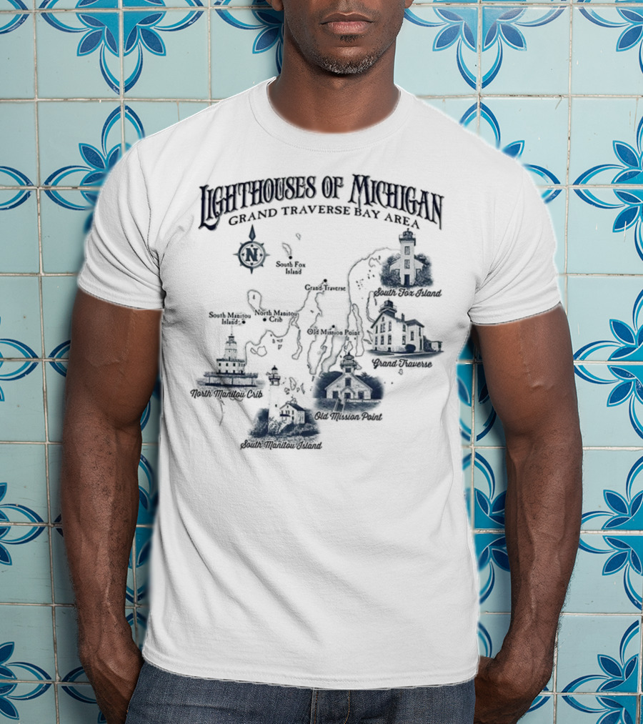 Lighthouses Of Michigan Grand Traverse Bay Area White Shoal South Fox Island Old Mission Grand Traverse South Manitou Northport T-Shirt