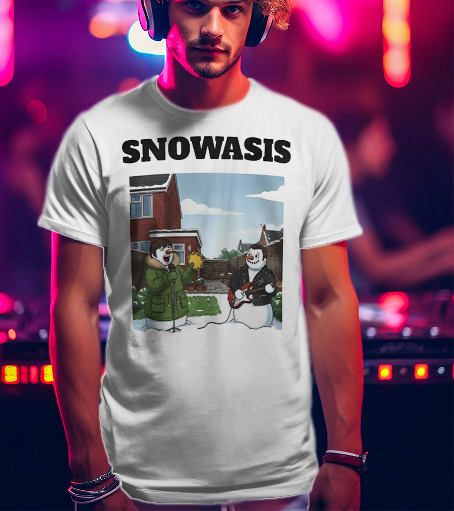 Snowasis Snowman Winter Oasis Vintage Guitar Tambourine Scene T-Shirt