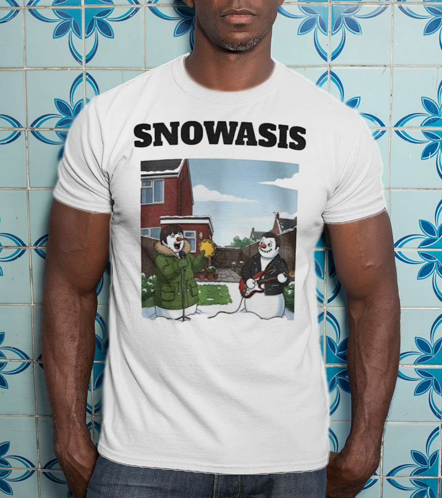 Snowasis Snowman Winter Oasis Vintage Guitar Tambourine Scene T-Shirt