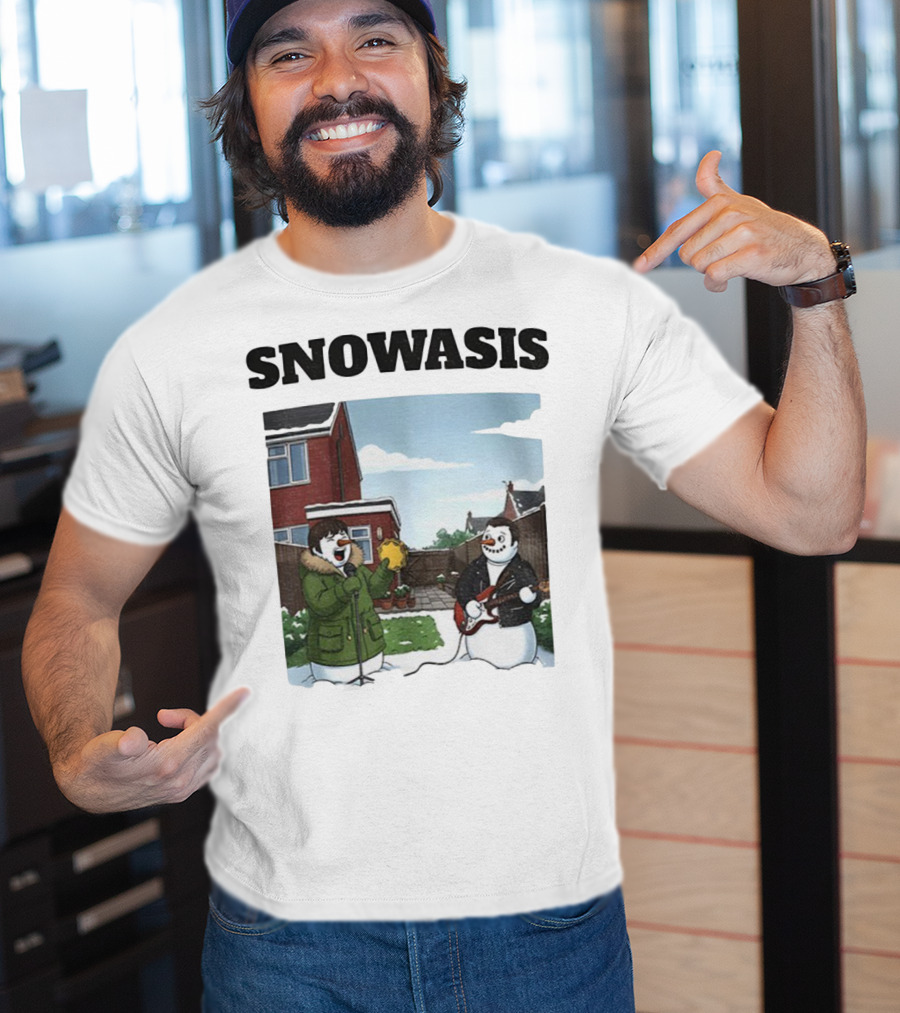 Snowasis Snowman Winter Oasis Vintage Guitar Tambourine Scene T-Shirt