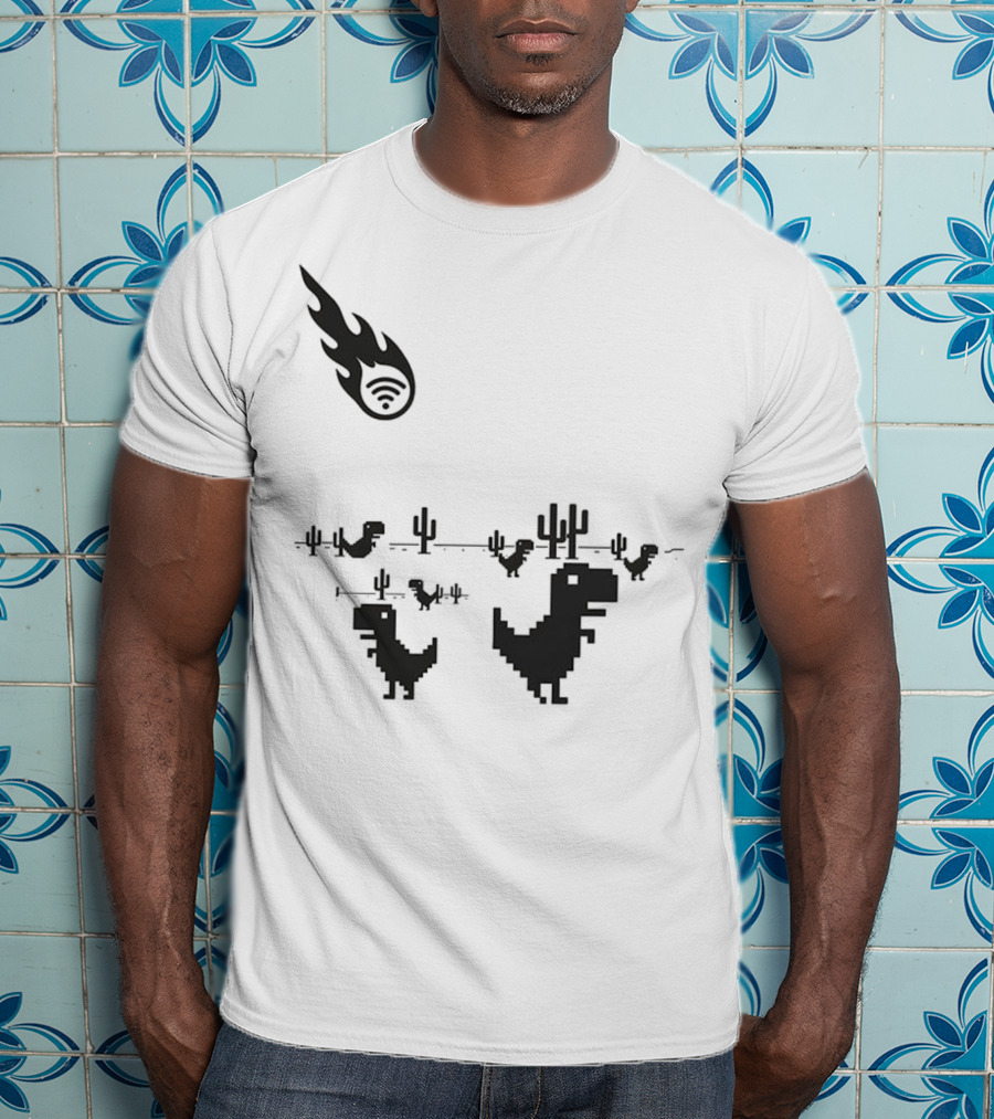 WiFi Meteor Extinction Dinosaur Game Pixel Art T-Shirt