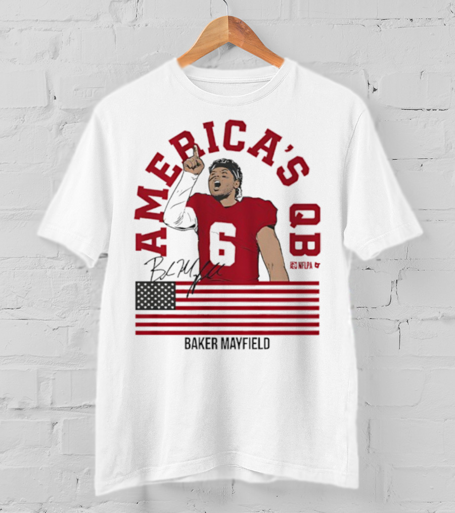 Baker Mayfield America's QB Number 6 USA Flag Signature T-Shirt