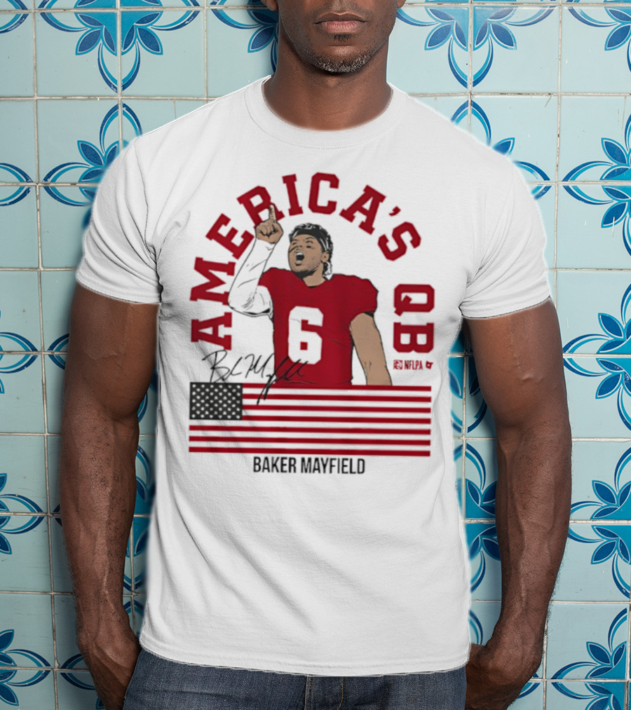 Baker Mayfield America's QB Number 6 USA Flag Signature T-Shirt