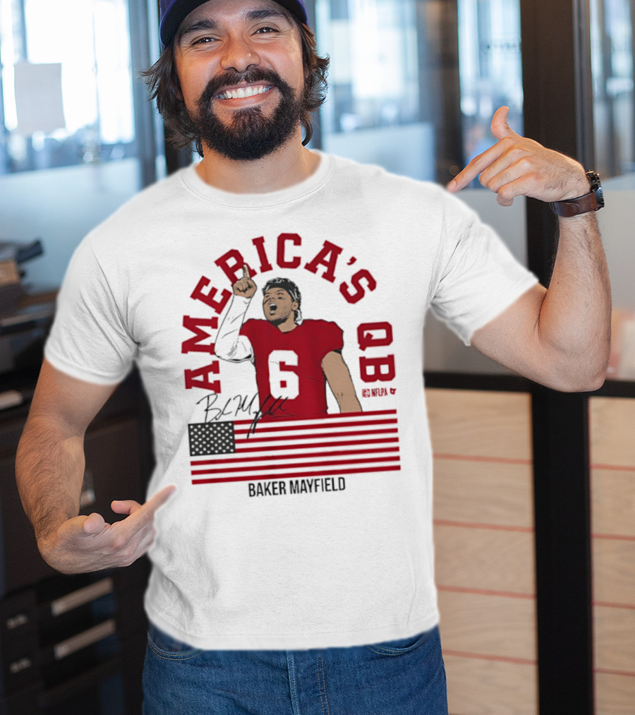 Baker Mayfield America's QB Number 6 USA Flag Signature T-Shirt