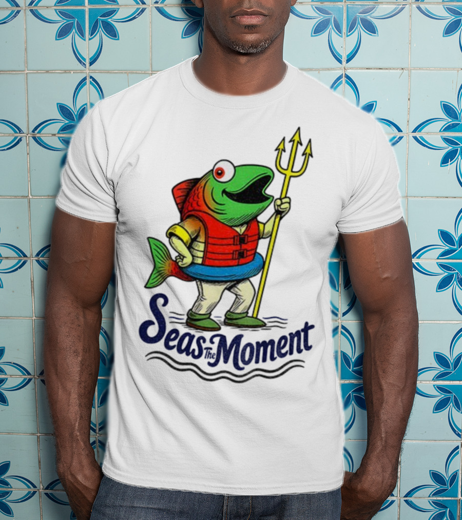 Seas The Moment Humpy Salmon Holding Trident Seattle Mariners MLB Baseball Fan Apparel T-Shirt