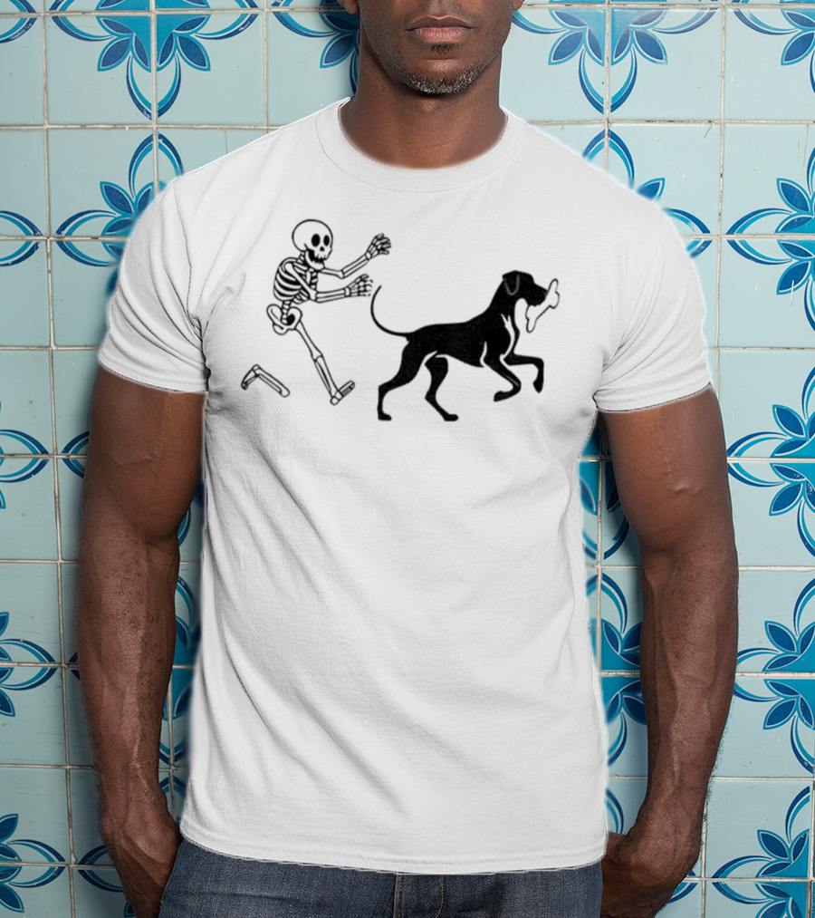 Skeleton Chasing Dog With Bone Funny Meme Halloween T-Shirt